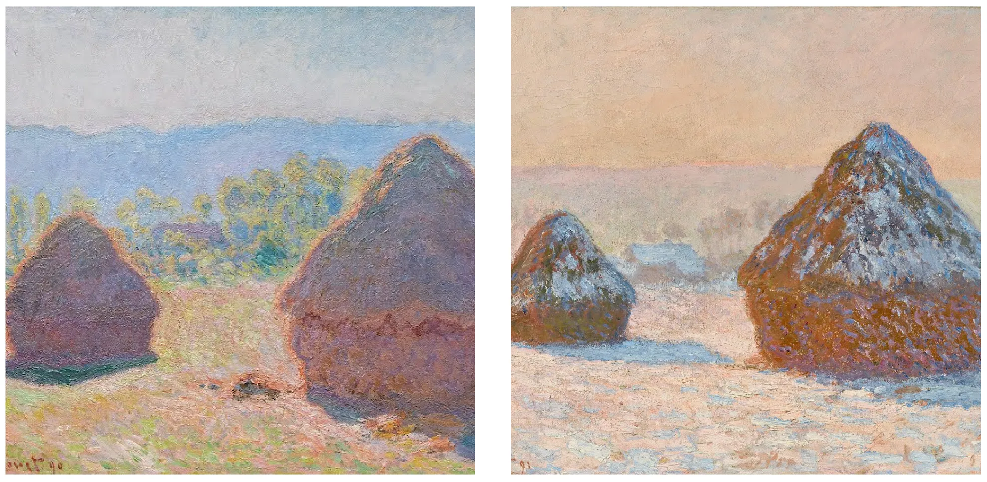 Diptych of Monet's grainstacks, summer and winter.